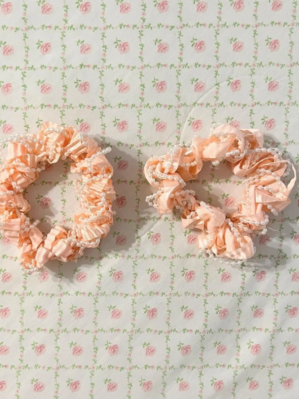 Peach colored scrunchies set.